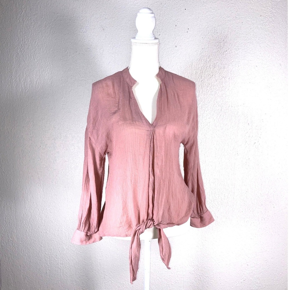MINE Women's Dusty Rose Pink Tie Front V-Neck Long Sleeve Blouse Size Medium